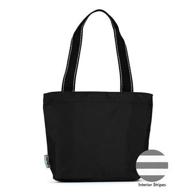 front view of black mini surfside tote. interior swatch is grey and white striped