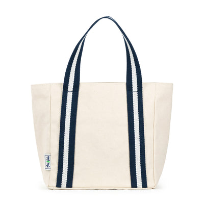 mini natural canvas tote with navy and white cotton webbing straps