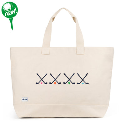 Canvas large tote with four sets of crossed clubs embroidered on the front