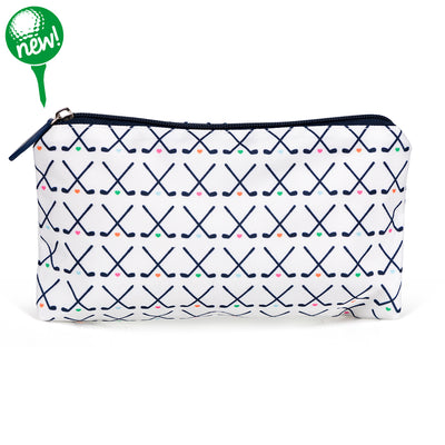 Front view of white small nylon makeup pouch with navy crossed golf club pattern printed on bag