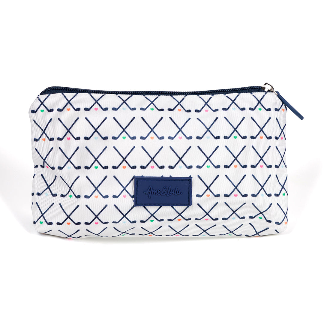 back view of white small nylon makeup pouch with navy crossed golf club pattern printed on bag