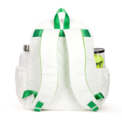 Back view of white game on tennis backpack with green trim. Backpack has quilted fabric and front pocket for tennis racquets.