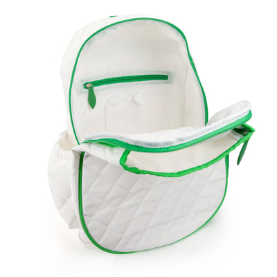 Inside view of white game on tennis backpack with green trim. Backpack has quilted fabric and front pocket for tennis racquets.