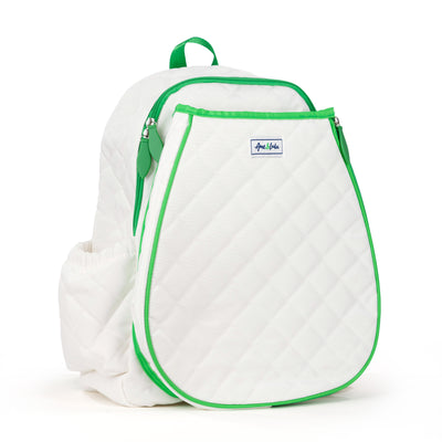 Side view of white game on tennis backpack with green trim. Backpack has quilted fabric and front pocket for tennis racquets.