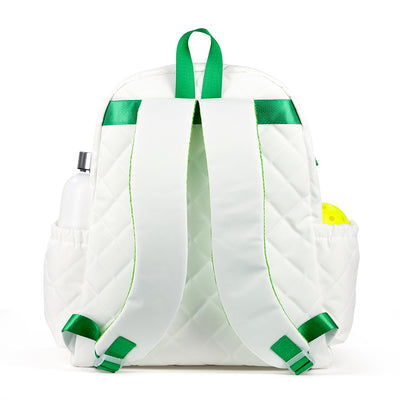 Back view of pickleball backpack with white quilted nylon fabric. Backpack has green trim and front paddle pocket.