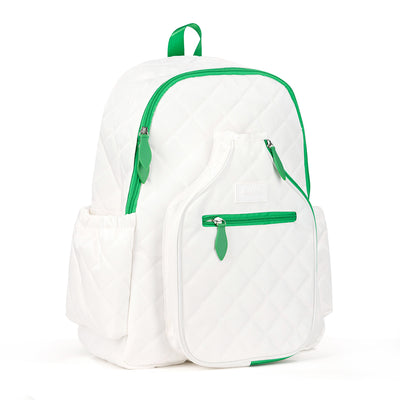 Side view of pickleball backpack with white quilted nylon fabric. Backpack has green trim and front paddle pocket.