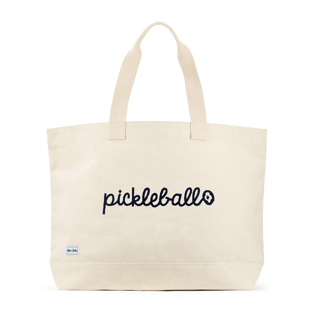 canvas tote bag with navy stitching that says "pickleball"