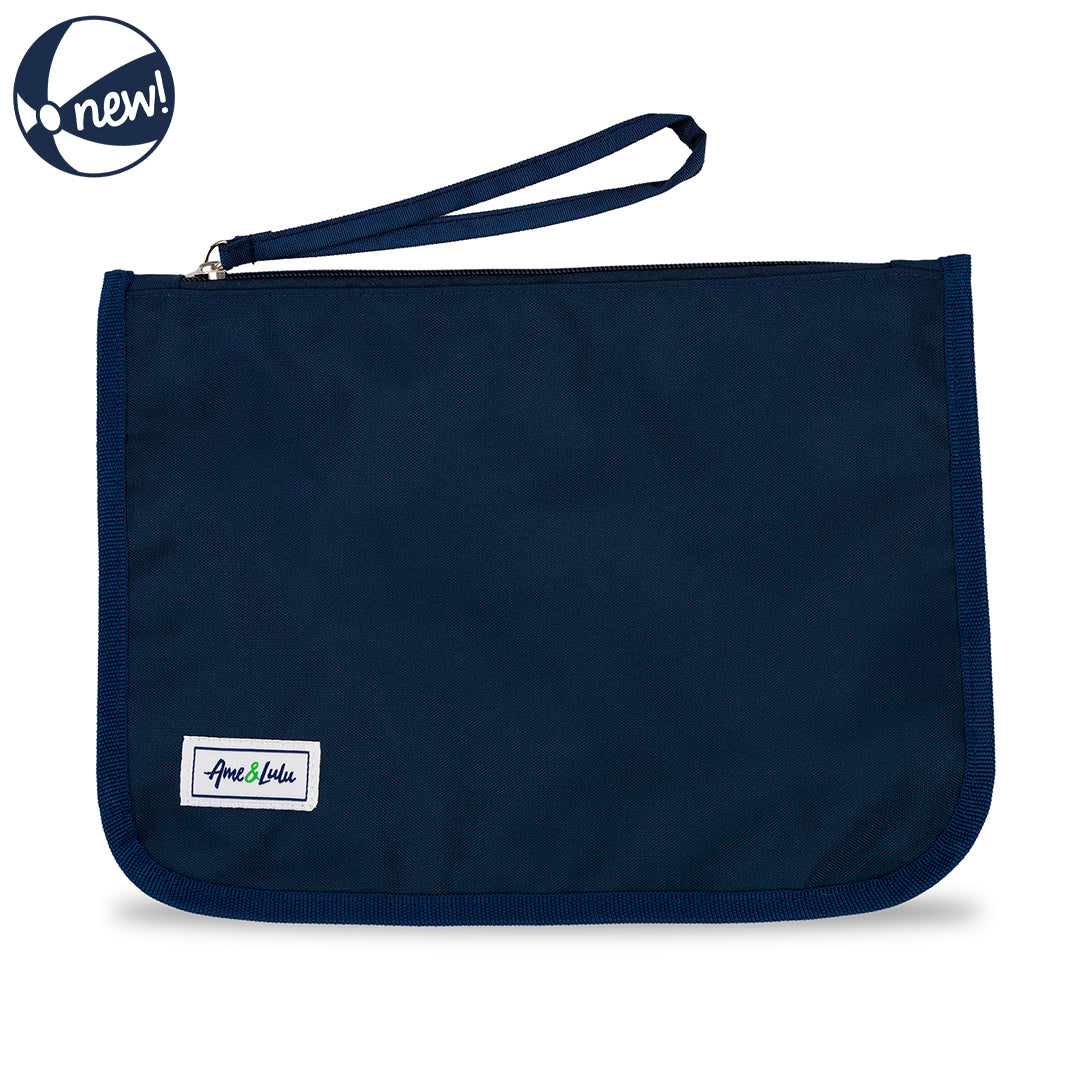 front view of navy shore thing wet dry bag with navy wrist strap