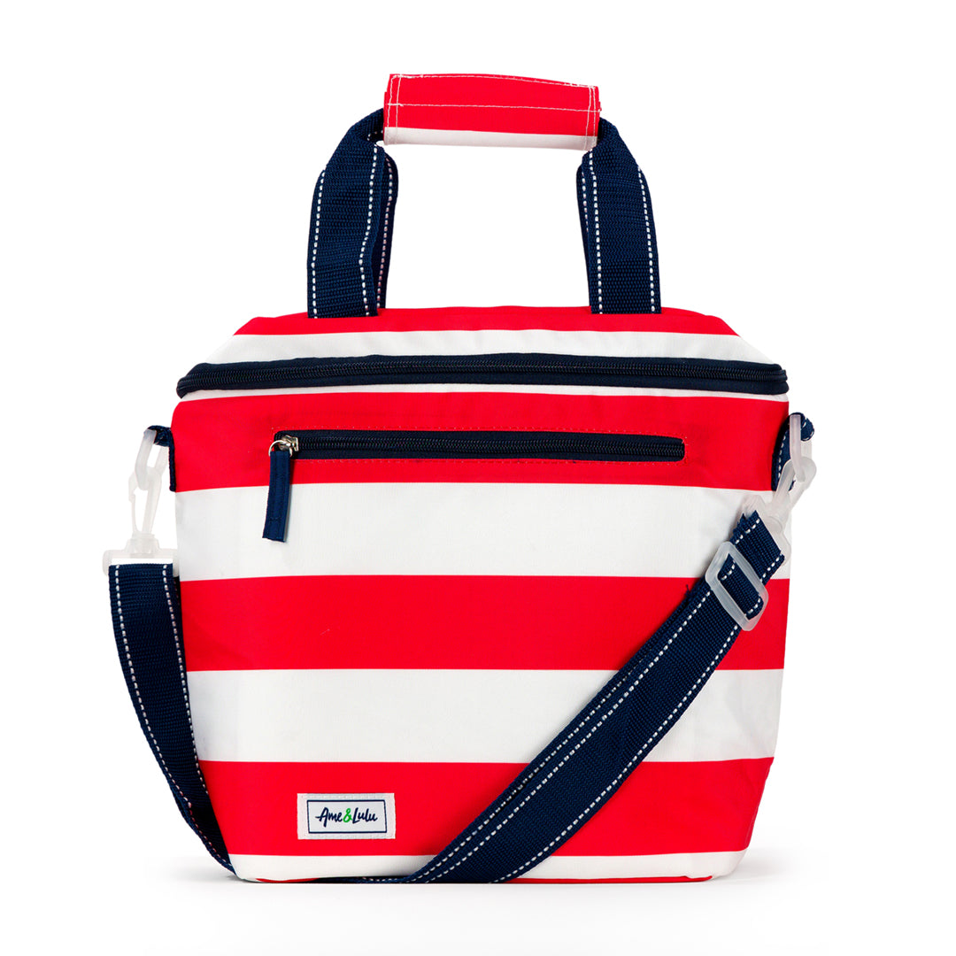 red and white striped nylon soft cooler