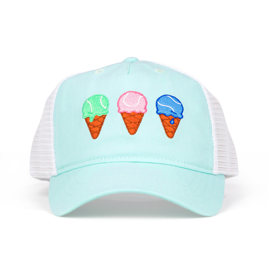 Front view of light blue kids trucker hat with green, pink and blue ice cream cones embroidered on front.