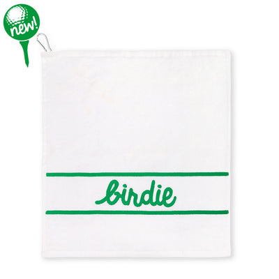 White cotton terry towel with the word "birdie" embroidered in a green cursive font on the bottom of the towel