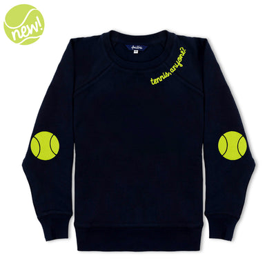Navy women's sweatshirt with lime embroidery on neckline that reads "tennis anyone" and embroidered tennis ball patches on the elbows.