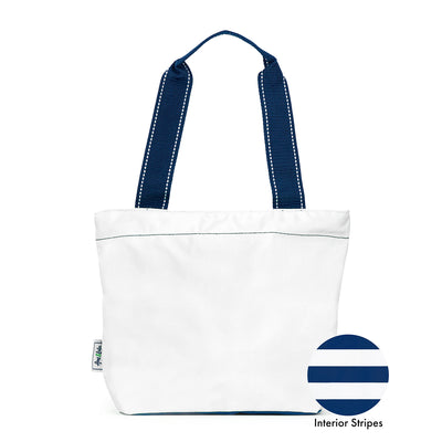 Front view of white mini surfside tote. Tote have navy details and navy straps. Interior swatch is navy and white stripes