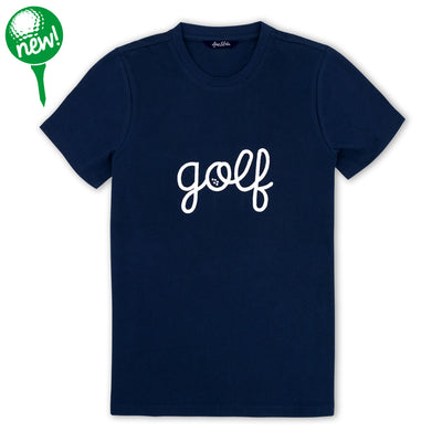 Navy t-shirt lays flat on a white background with the word golf embroidered in a white cursive font