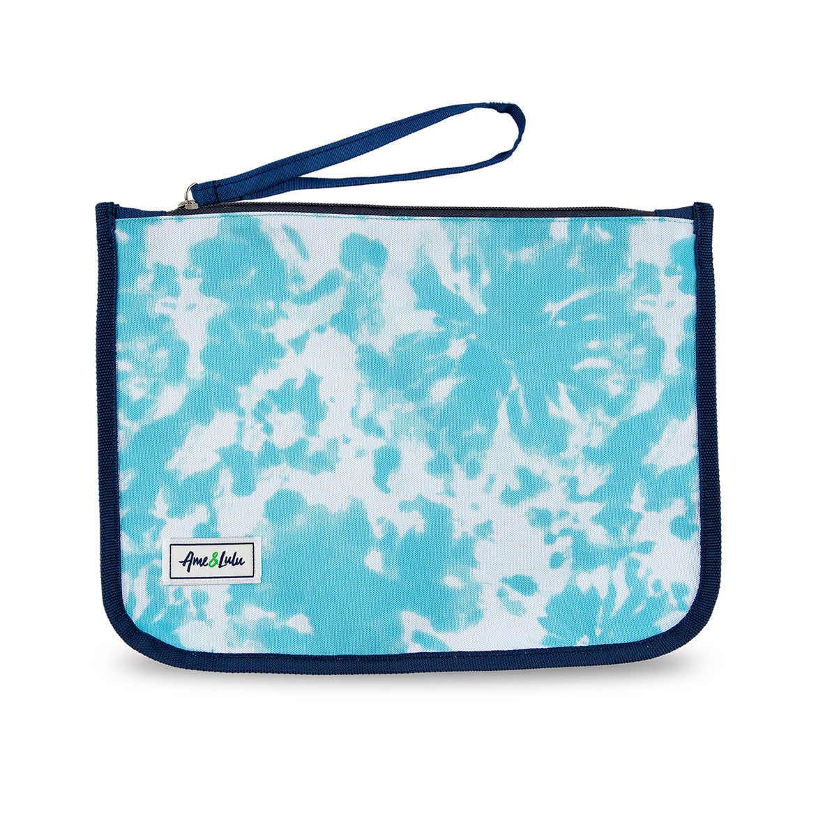 light blue and white tie dye nylon zip pouch with wrist strap
