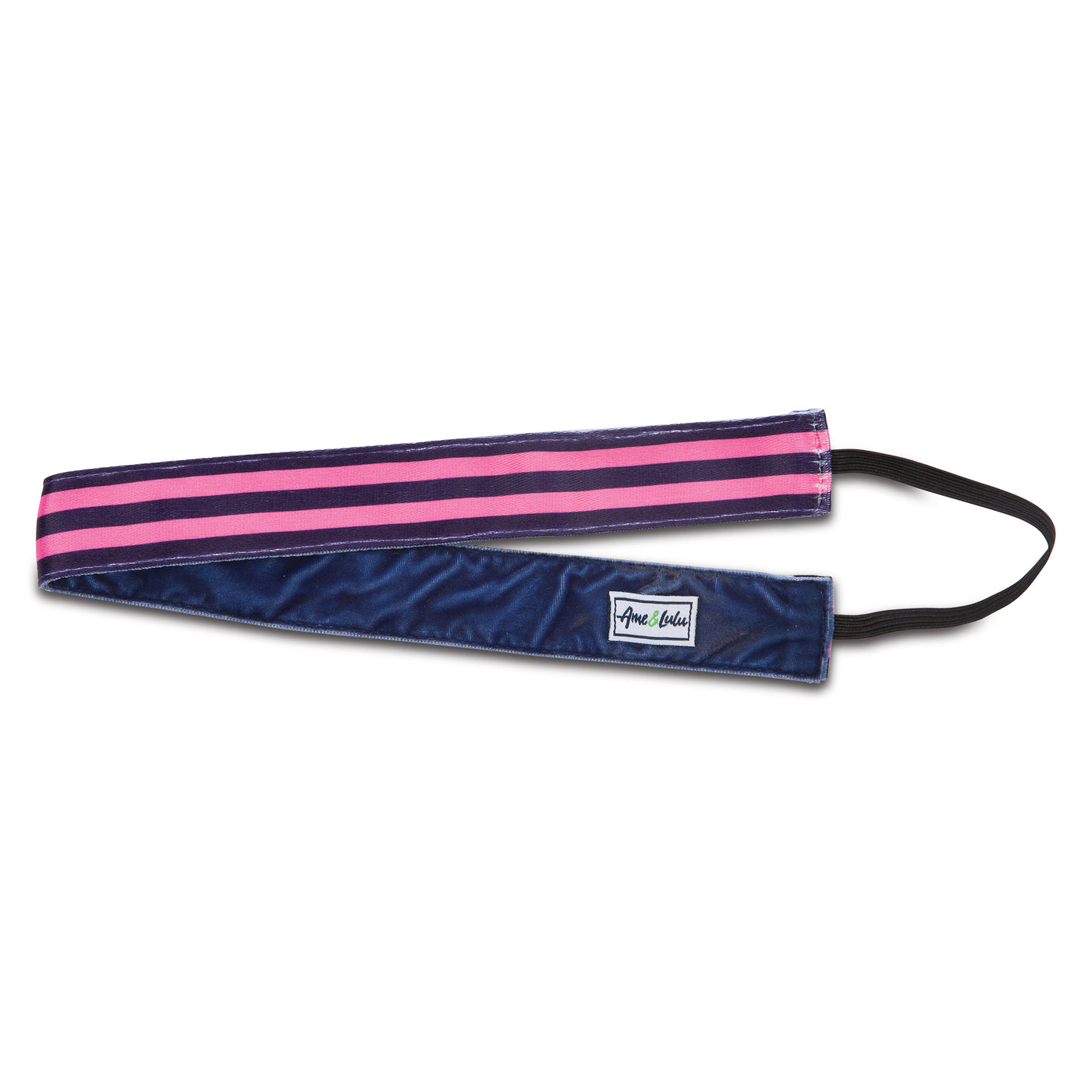 a navy and hot pink striped headband with a black elastic.