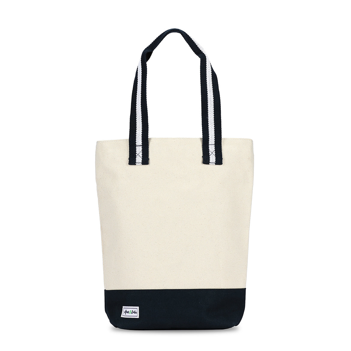 natural canvas wine tote with navy and white cotton webbing straps and navy canvas at the bottom