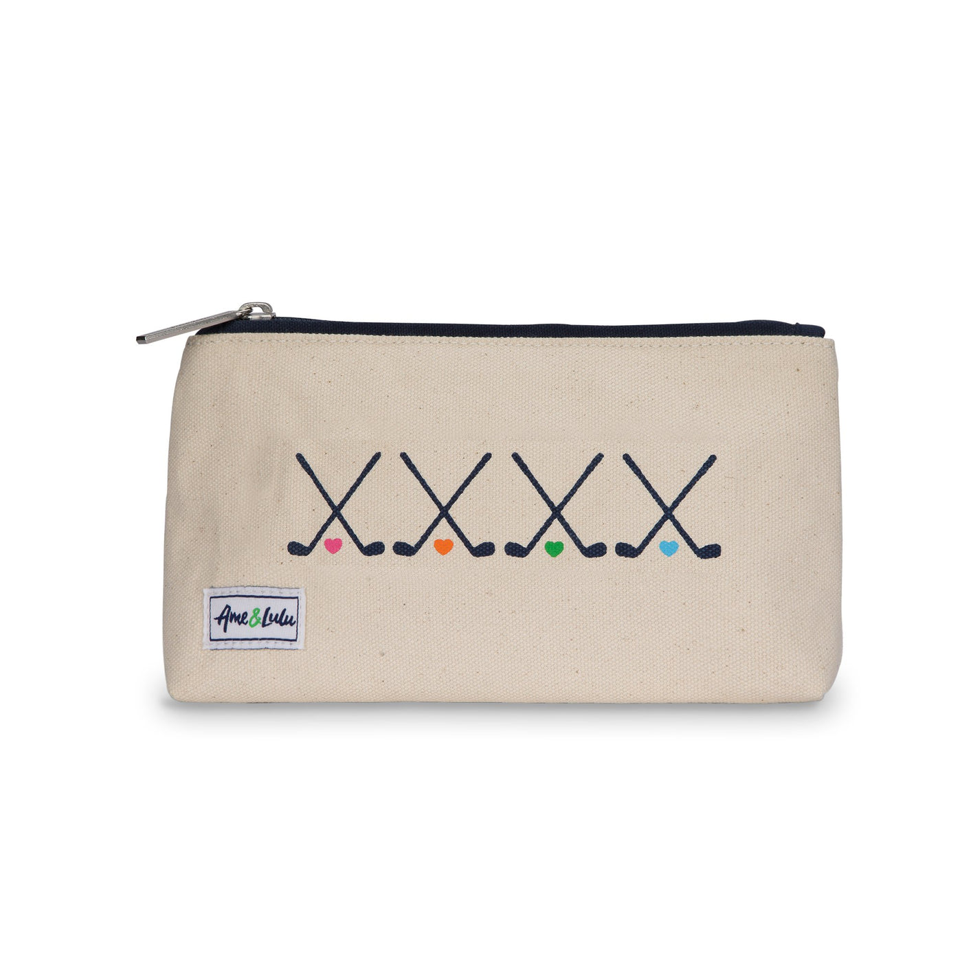 small tan canvas makeup pouch with crossed club and rainbow hearts printed on front