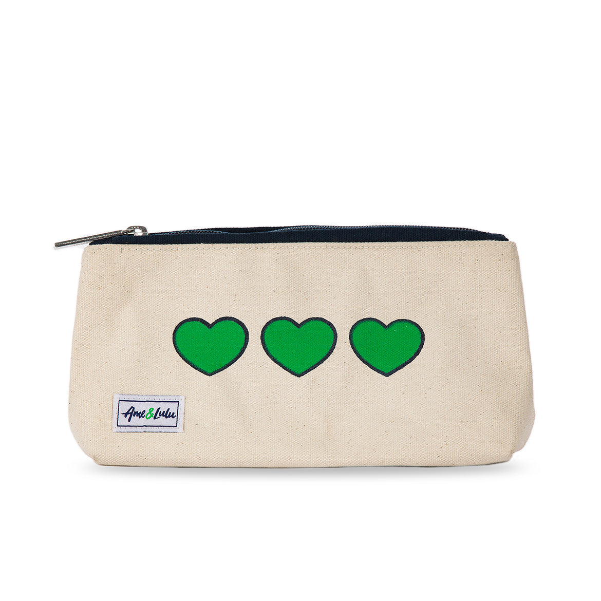 Front view of small canvas makeup pouch with navy zipper. Front has three green hearts printed across front.