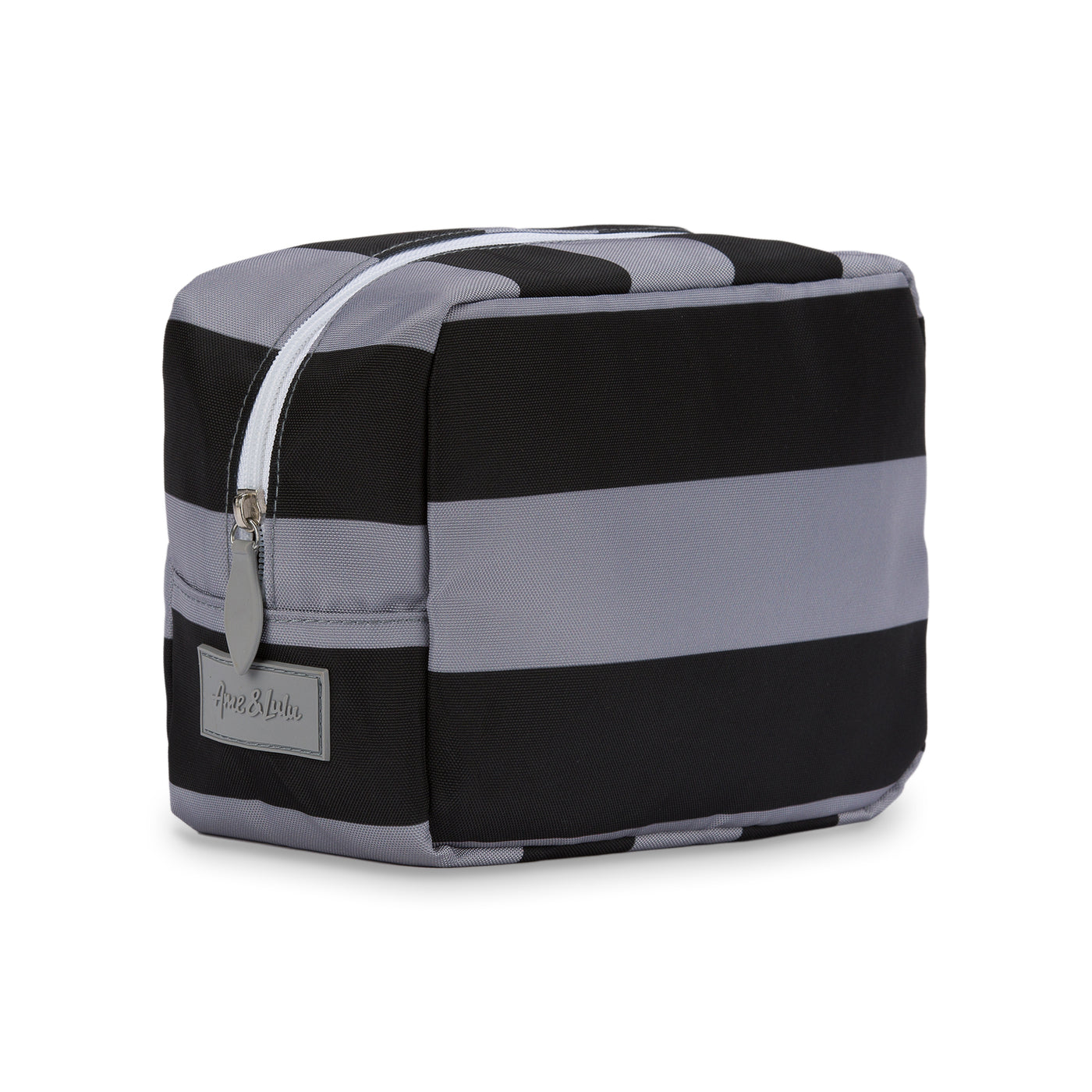 black and grey nylon striped pouch