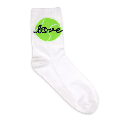 white sock with a lime green tennis ball and the word love stitched around the ankle
