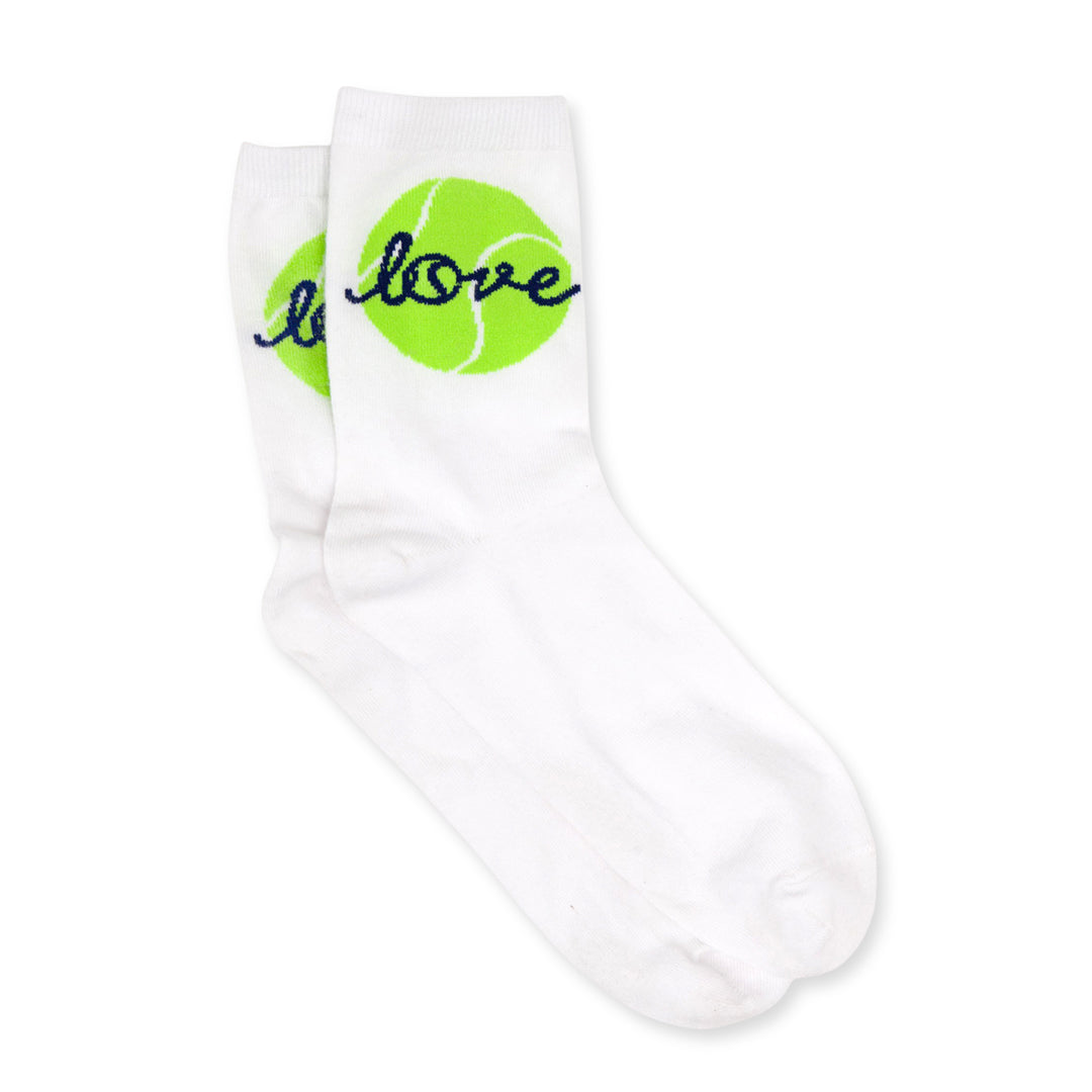 a pair of white socks with a lime green tennis ball and the word love stitched around the ankle