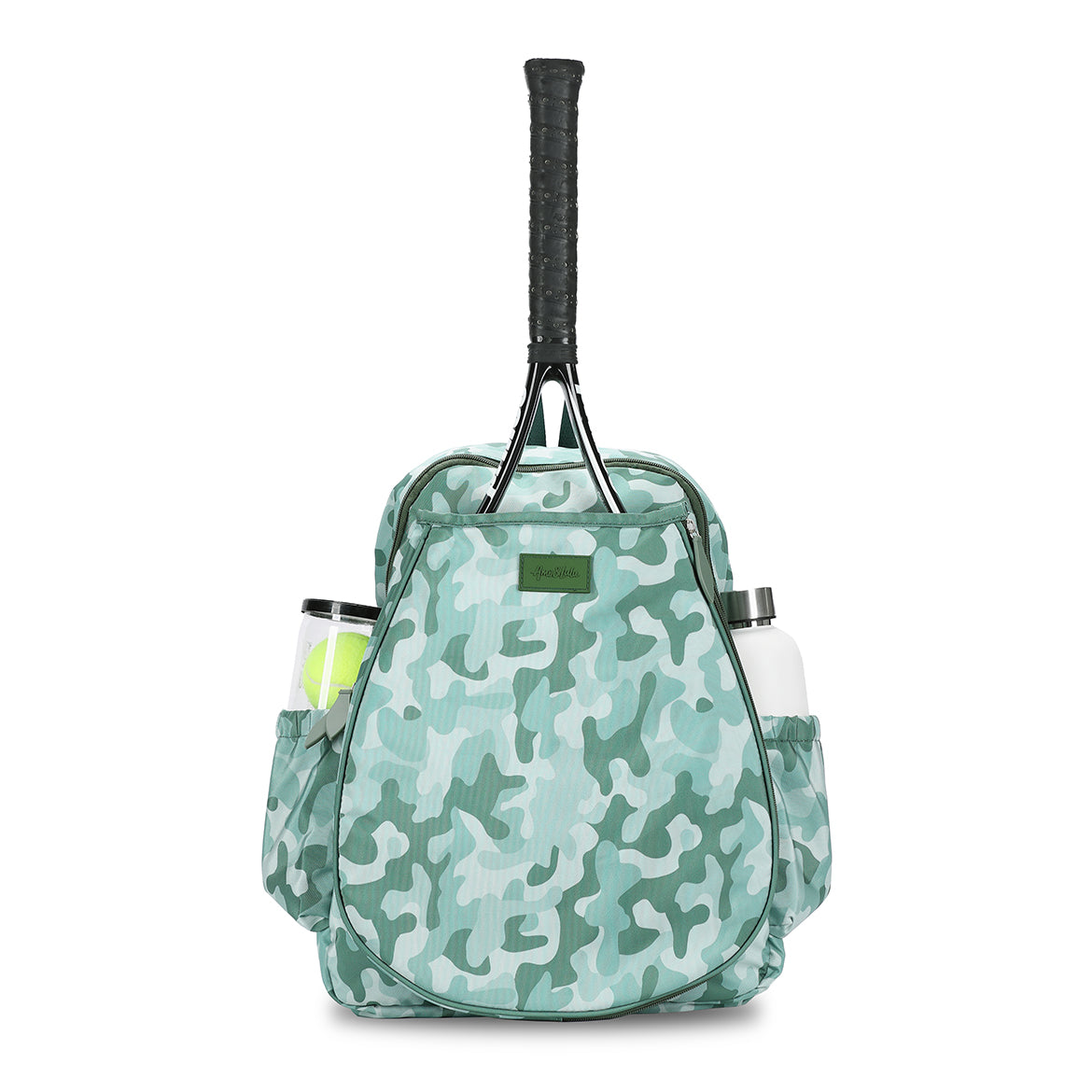 Front view of olive green camo game on tennis backpack. Backpack has water bottle and tennis balls in side pockets.