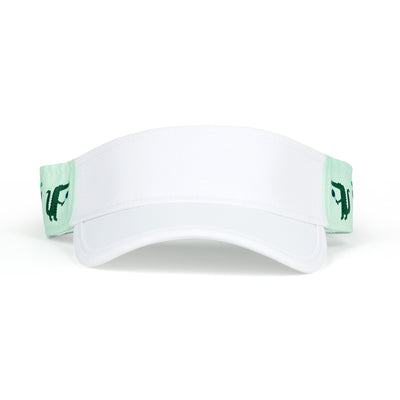 Front view of light green kids visor with alligator playing tennis on the sides.