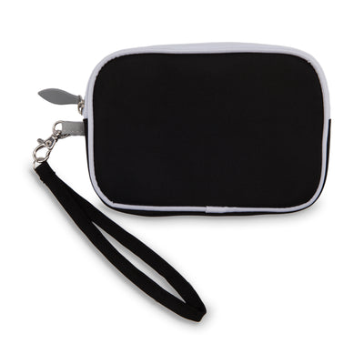 black rectangular wristlet with grey zipper and white trim