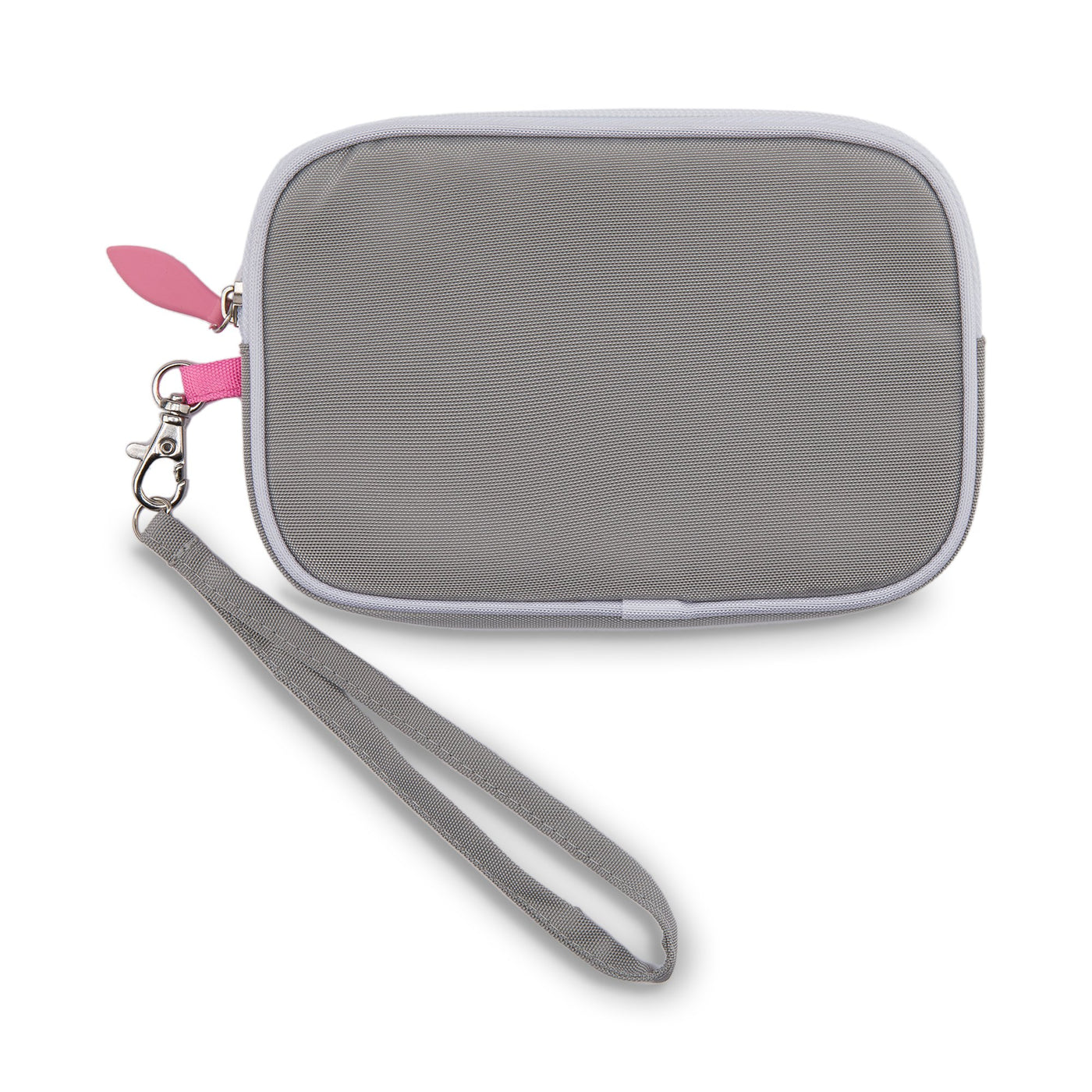 grey rectangular wristlet with light pink zippers and white trim