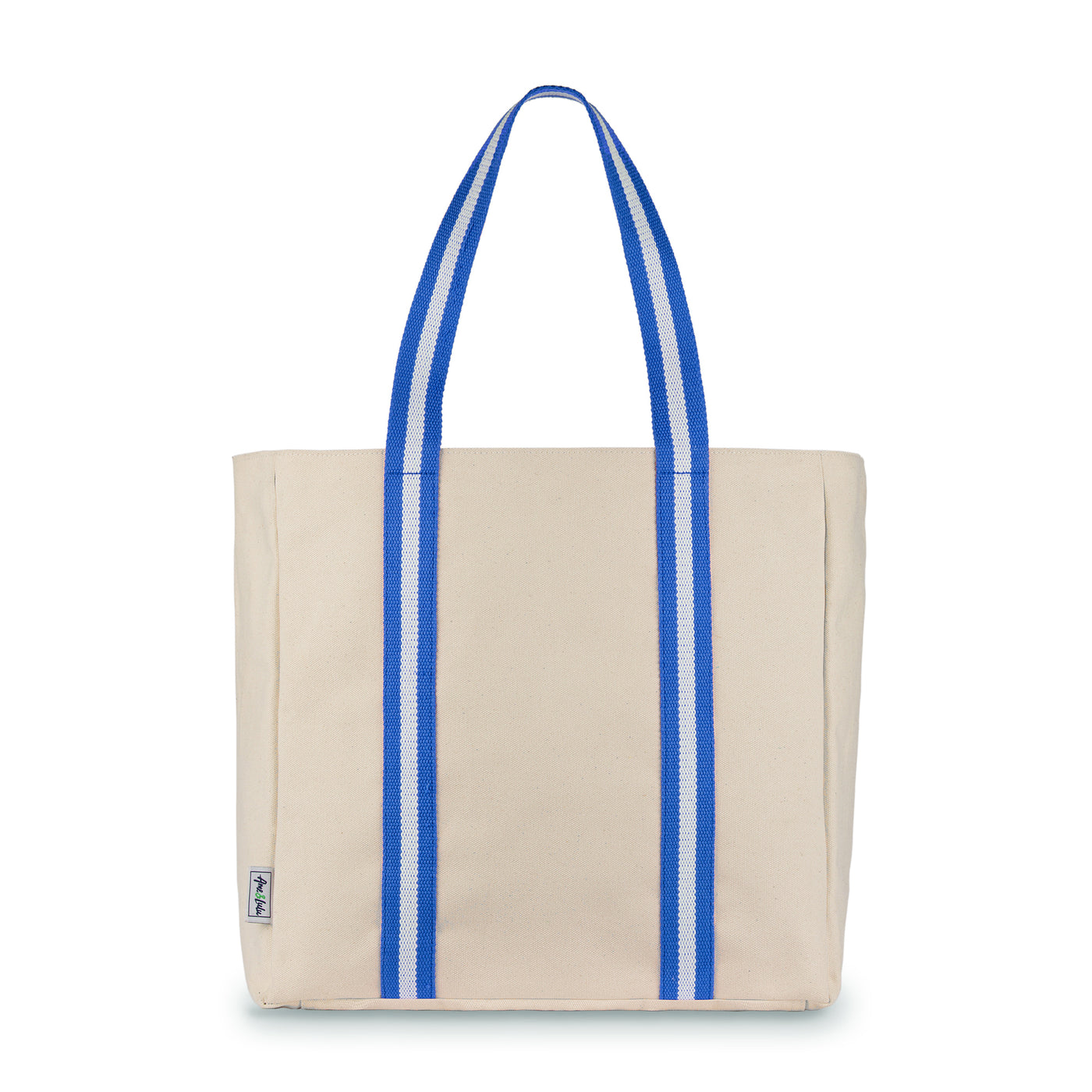 natural canvas tote with blue and white cotton webbing straps