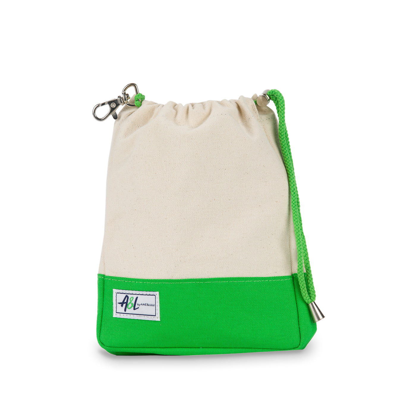 tan canvas small drawstring pouch with lime green trim.