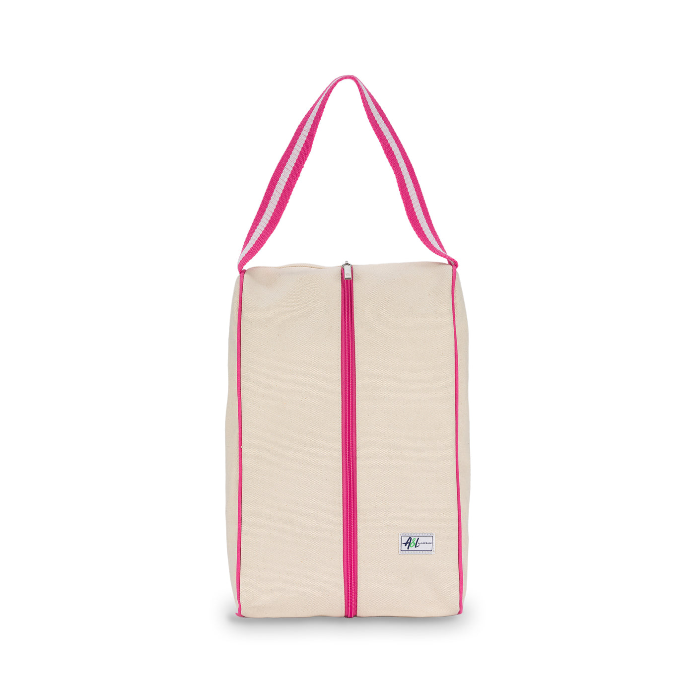 rectangular tan canvas shoe bag with hot pink handles.