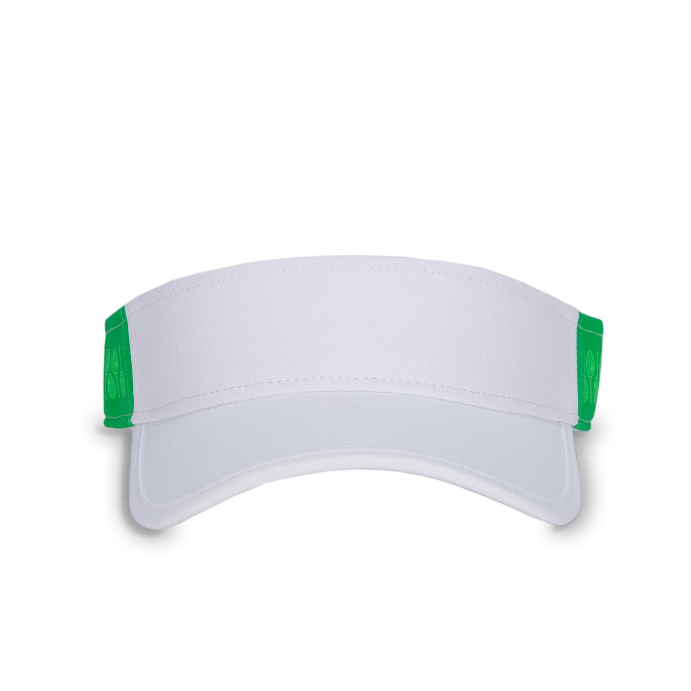 Front view of green tonal Racquets Head in the game visor. Front of visor is white and the sides are dark green with lime green racquets printed.