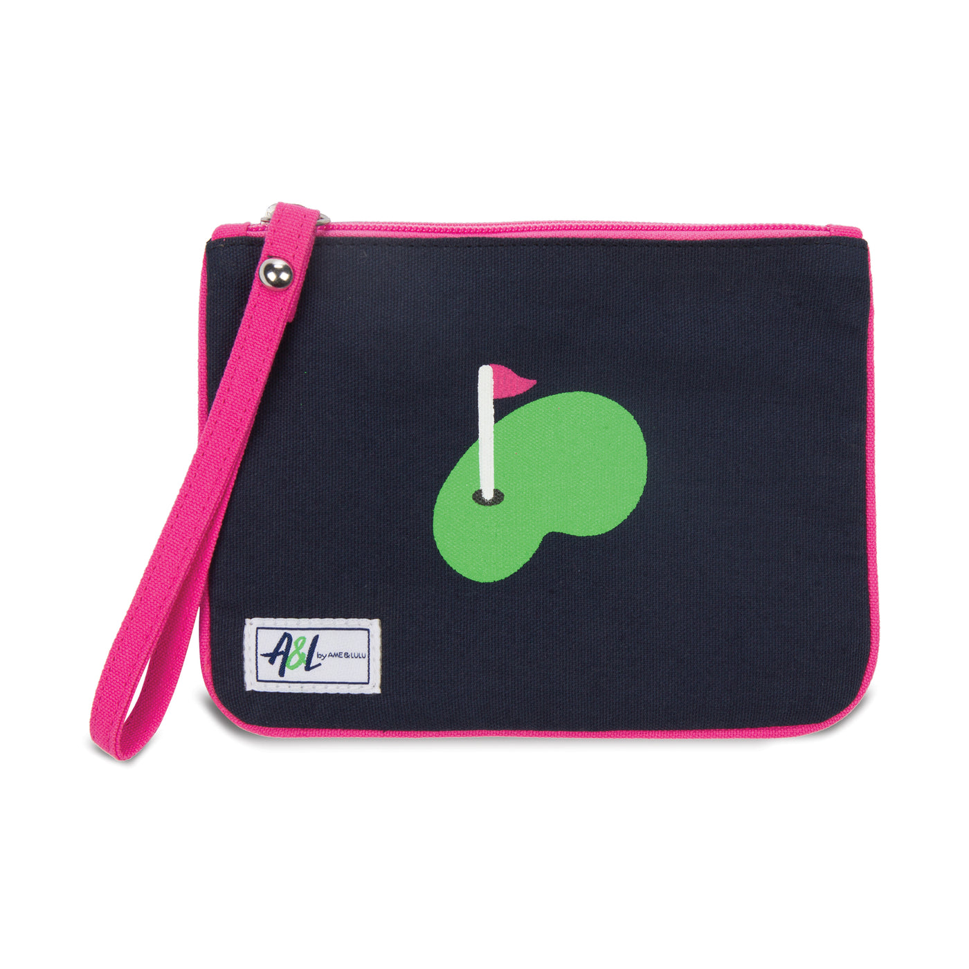 Small navy canvas wristlet with hot pink trim and strap. Front have a putting green and small pink golf flag printed on the front