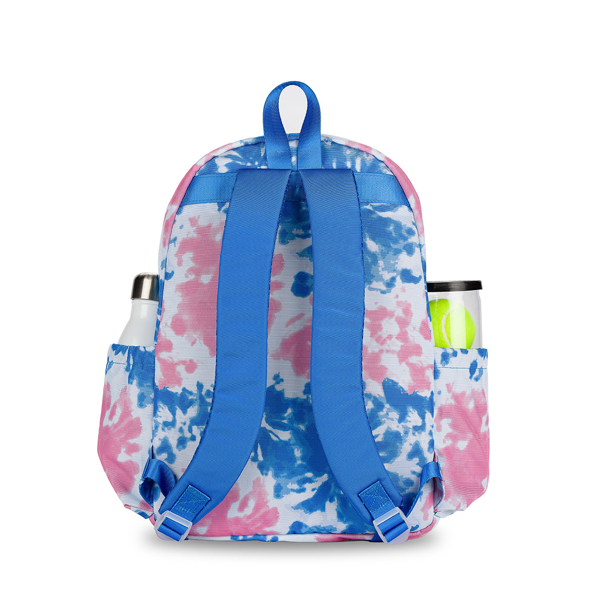 Back view of kid's tennis backpack with pink and blue tye dye pattern.