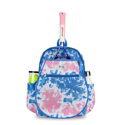 Front view of kid's tennis backpack with pink and blue tye dye pattern. 