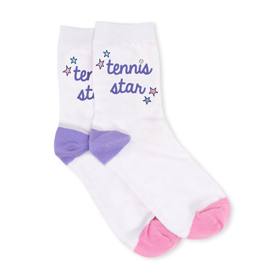 pair of white kids crew socks with purple and pink heel and toes. Sides stitched with words tennis star in purple cursive font.