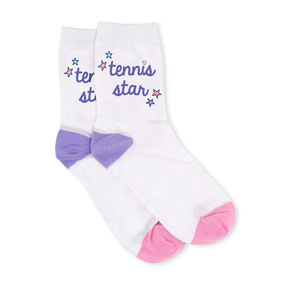 pair of white kids crew socks with purple and pink heel and toes. Sides stitched with words tennis star in purple cursive font.