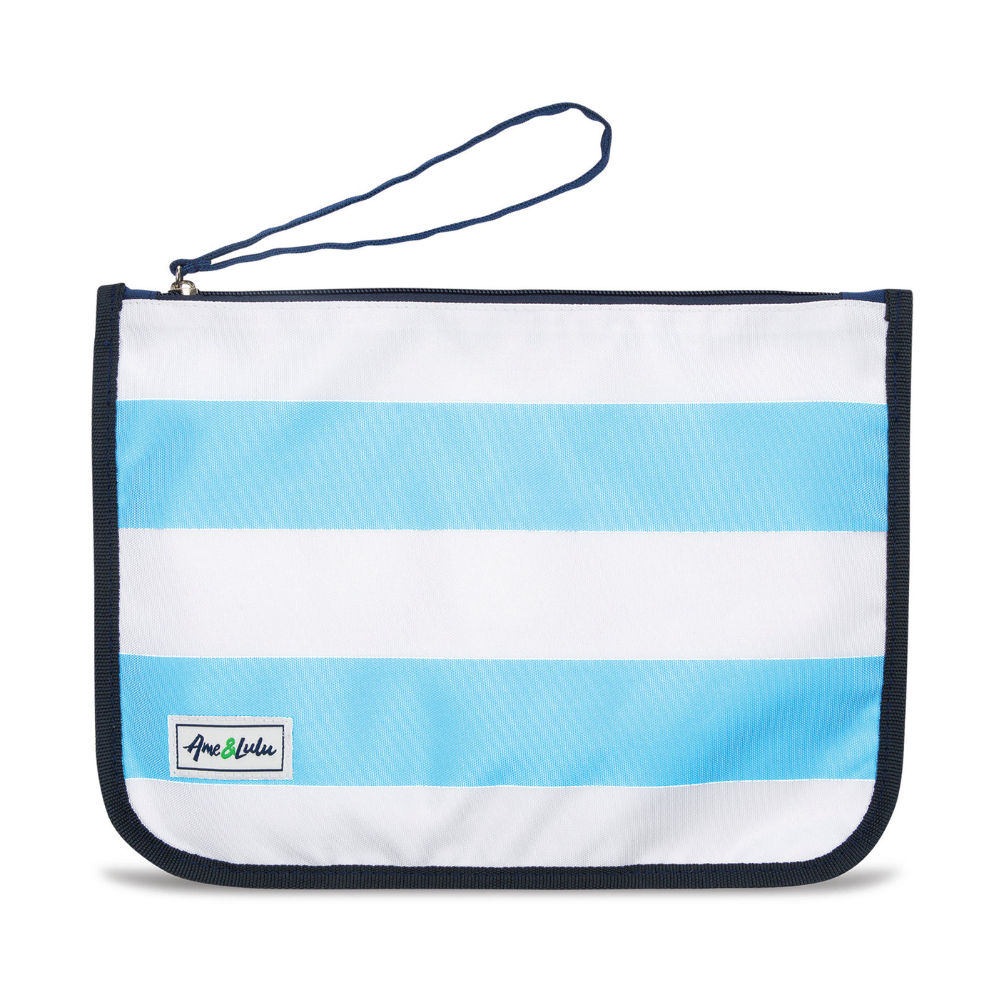 light blue and white striped nylon zip pouch with wrist strap