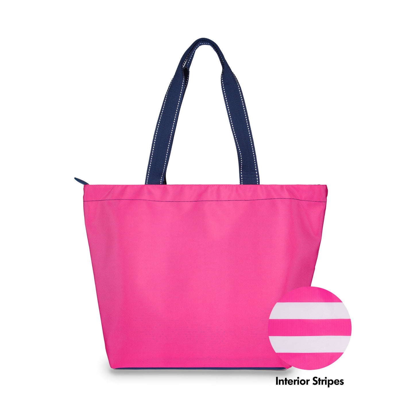 pink nylon tote bag with navy straps with a swatch next to it to show that the interior is hot pink and white stripes