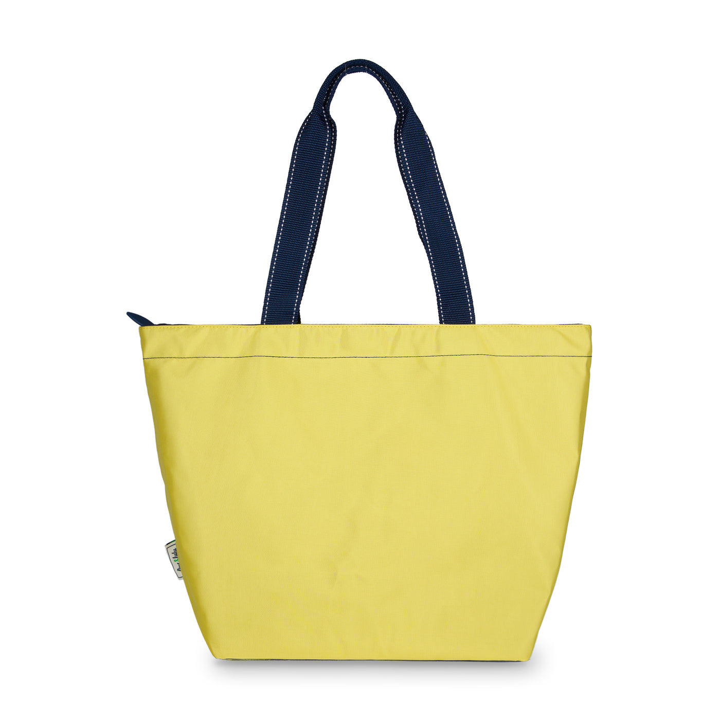 yellow nylon tote bag with navy straps