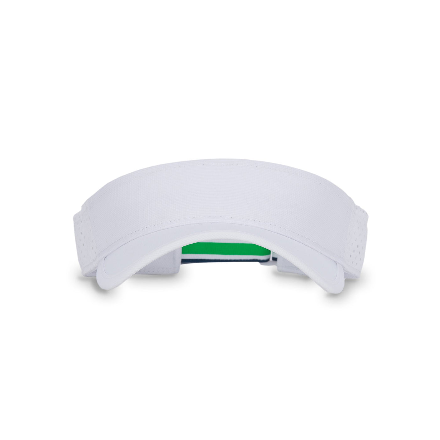 Front view of white visor with green and navy striped adjustable strap on the back.