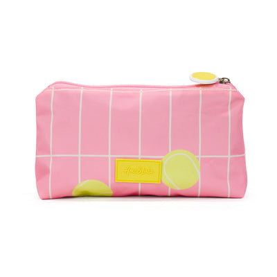 Back  view of coral everyday pouch. Pouch is printed with cream grid pattern and yellow tennis balls.