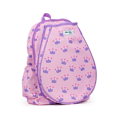 side view of light pink kids tennis backpack with purple trim and purple crown repeating pattern
