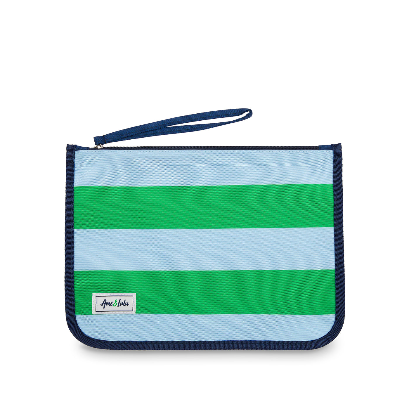 light blue and green striped nylon zip pouch with wrist strap