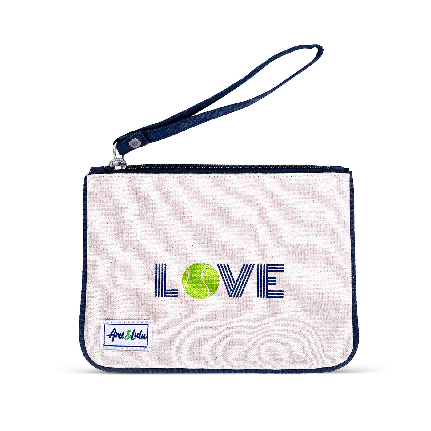 Small tan canvas wristlet with navy trim and strap. Front has the word "love" with a green tennis ball for the letter o