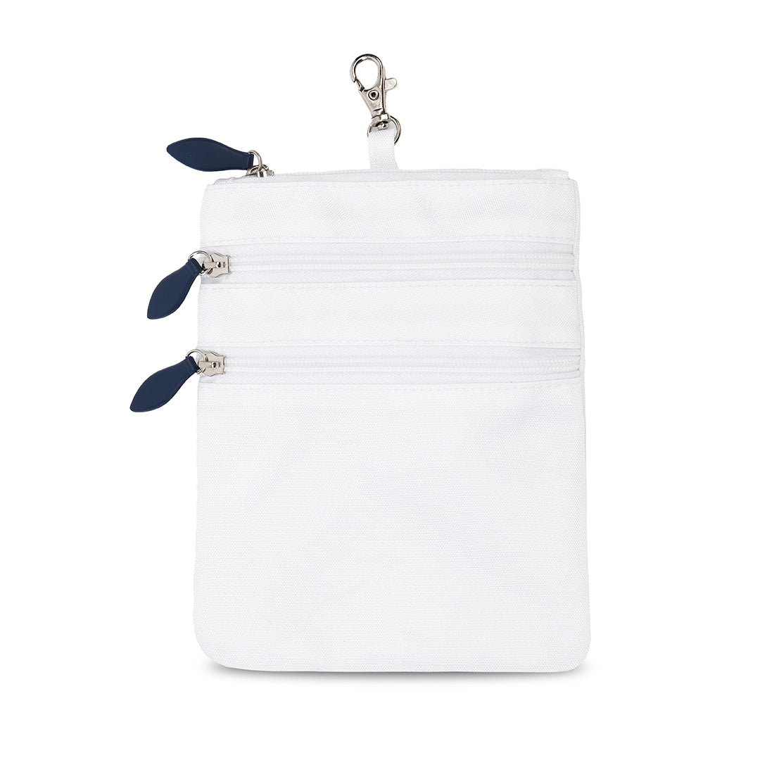 white small tee pouch with navy zippers