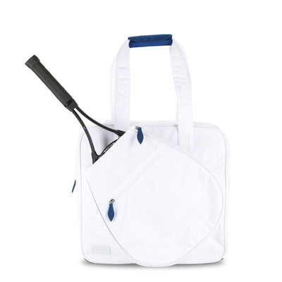Front view of white tennis tote with navy handle and tennis racquet in front pocket