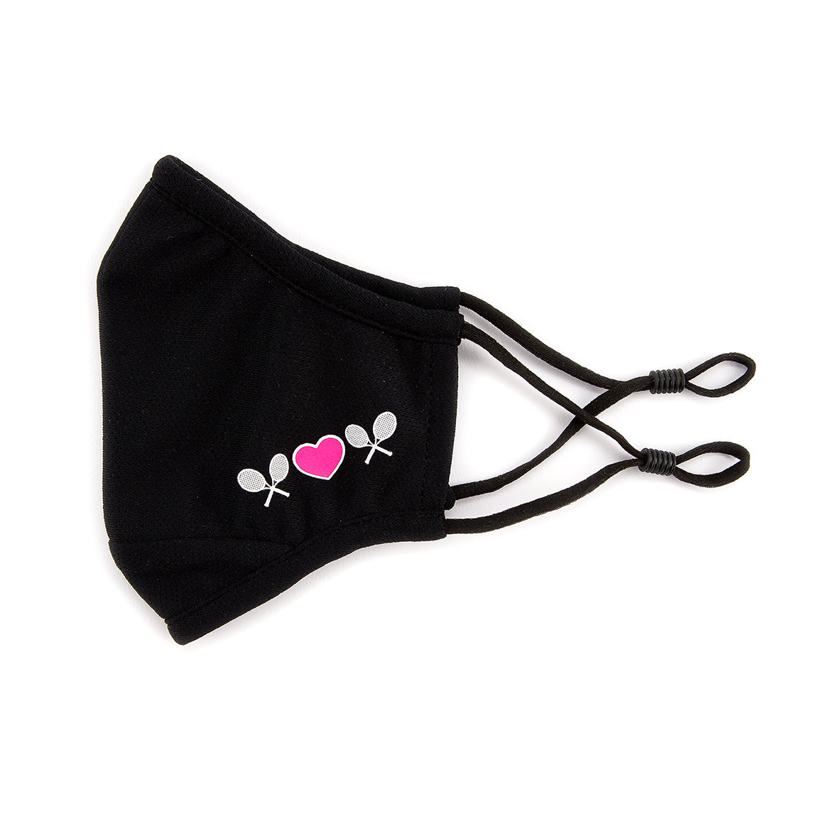 black face mask with white and pink tennis racquets and heart printed on side